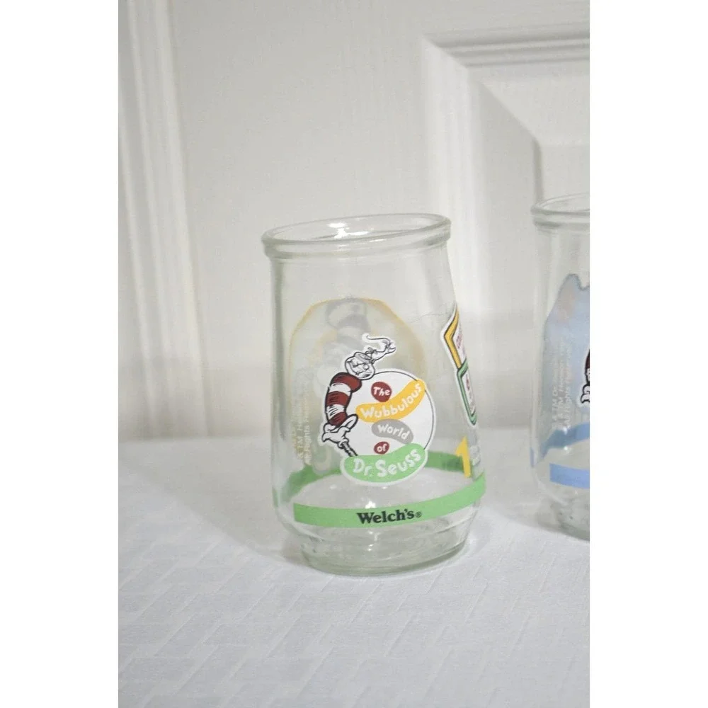 Vintage 1996 Welch Cat in The Hat Glass Jelly Jars, Complete Set of 6 Jars